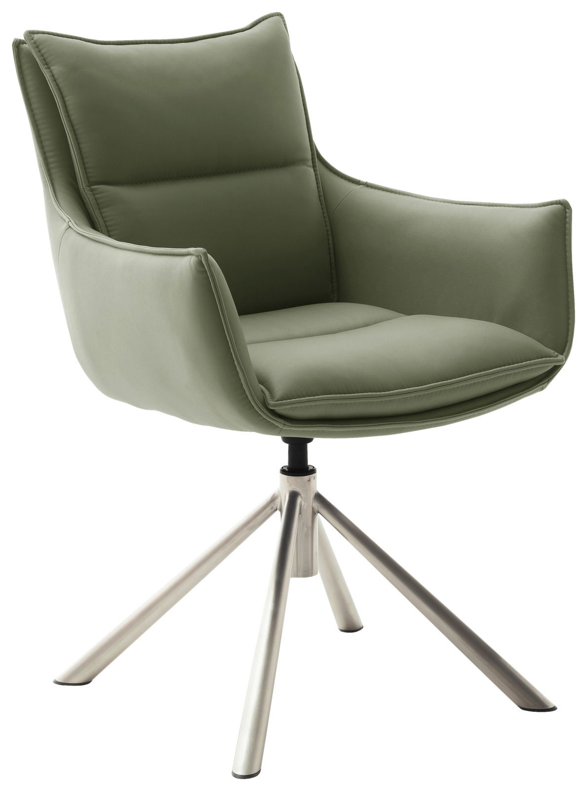 Moderner grüner Sessel mit gepolstertem Sitz und Rückenlehne, auf einem stabilen Metallgestell, seitliche Perspektive.