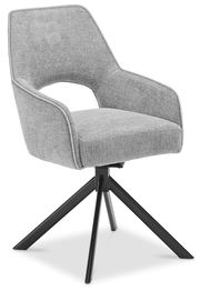 Grauer Armlehnstuhl mit modernem Design, schwarzem Metallgestell und gepolstertem Sitz, seitliche Perspektive