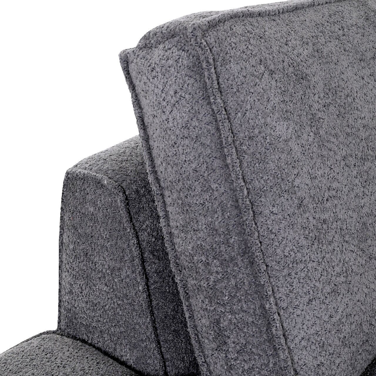 Graues Ecksofa PICCOLAS mit weicher Textur, Nahaufnahme der Rückenlehne aus seitlicher Perspektive.