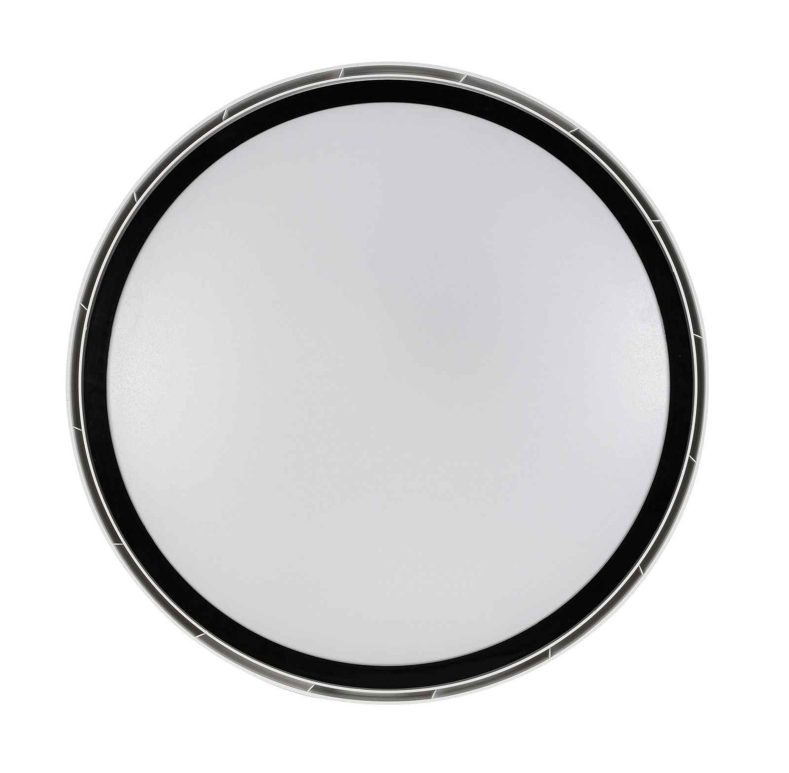 Runder Deckenventilator von oben betrachtet mit schlichtem Design und schwarzem Rand.