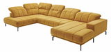 Gelbes Ecksofa mit verstellbaren Rückenlehnen, moderne Metallfüße, Perspektive von vorne rechts