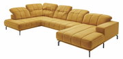 Gelbes Ecksofa mit verstellbaren Rückenlehnen, moderne Metallfüße, Perspektive von vorne rechts