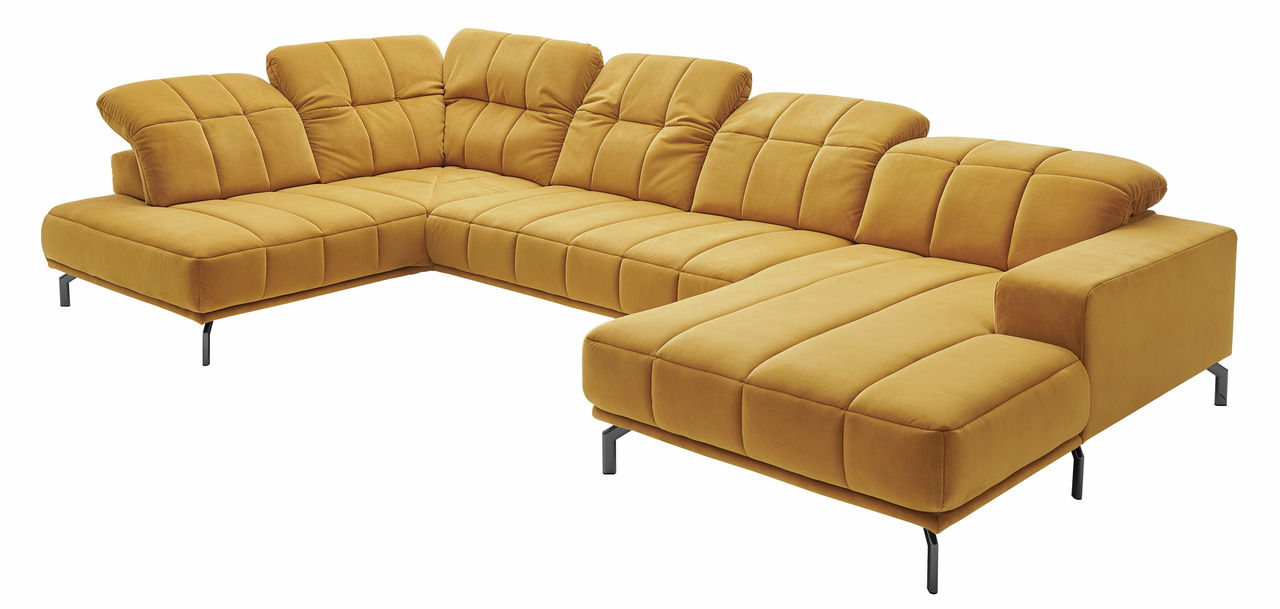 Gelbes Ecksofa mit verstellbaren Rückenlehnen, moderne Metallfüße, Perspektive von vorne rechts