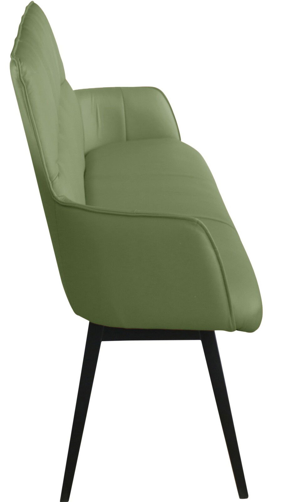 Seitenansicht einer grünen Bank mit schwarzen Beinen