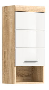 Moderner Hängeschrank in Holzoptik mit weißer Front, seitliche Perspektive