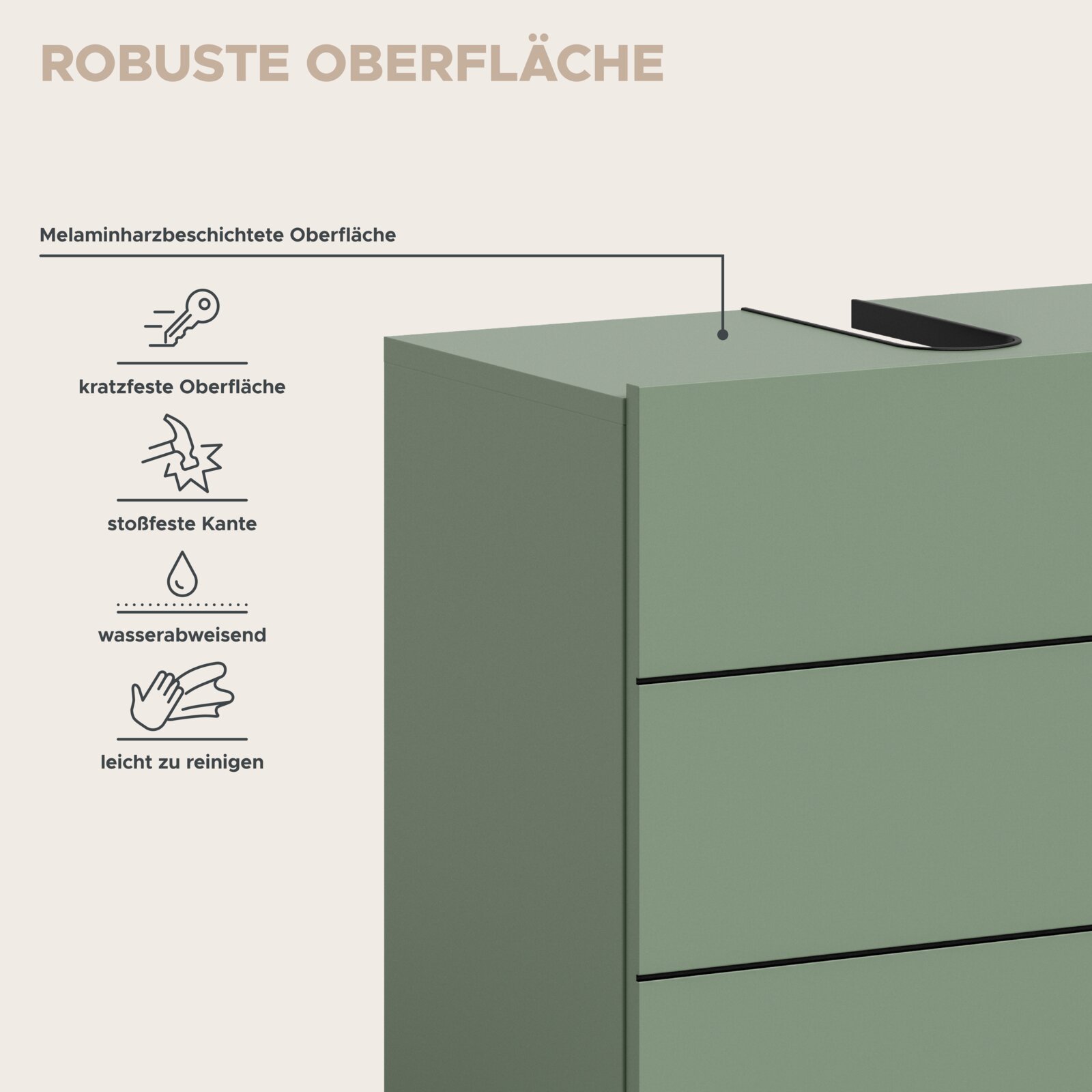 Infografik zur robusten, melaminharzbeschichteten Oberfläche eines grünen Schranks/Kommode mit Schubladen; Eigenschaften: kratzfest, stoßfeste Kante, wasserabweisend, leicht zu reinigen; Produktdetail in schräger Vorderansicht von oben rechts.