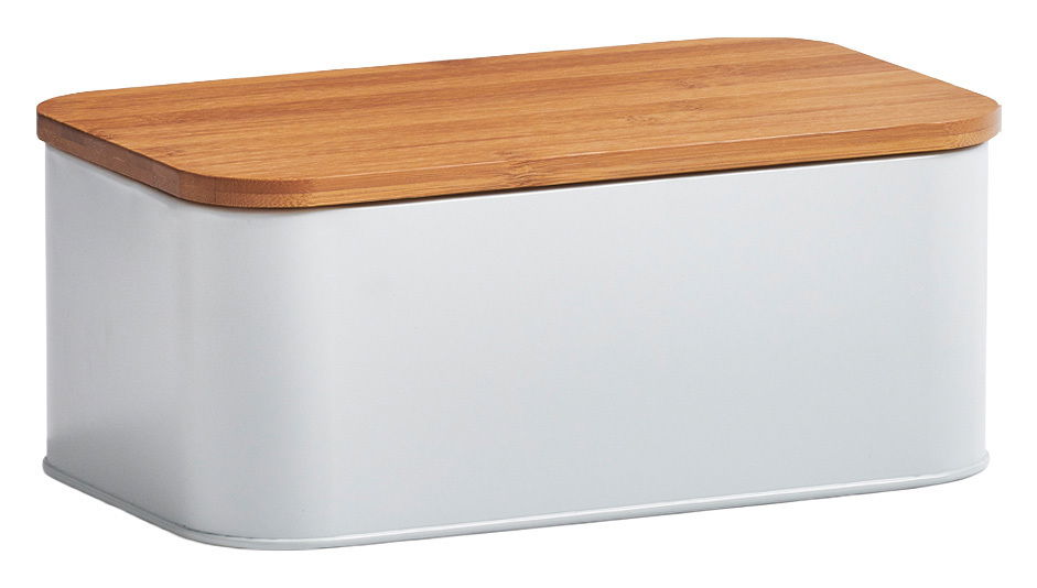 Moderner Brotkasten mit weißem Korpus und Holzdeckel, seitliche Perspektive
