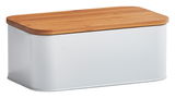 Moderner Brotkasten mit weißem Korpus und Holzdeckel, seitliche Perspektive