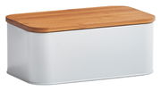 Moderner Brotkasten mit weißem Korpus und Holzdeckel, seitliche Perspektive