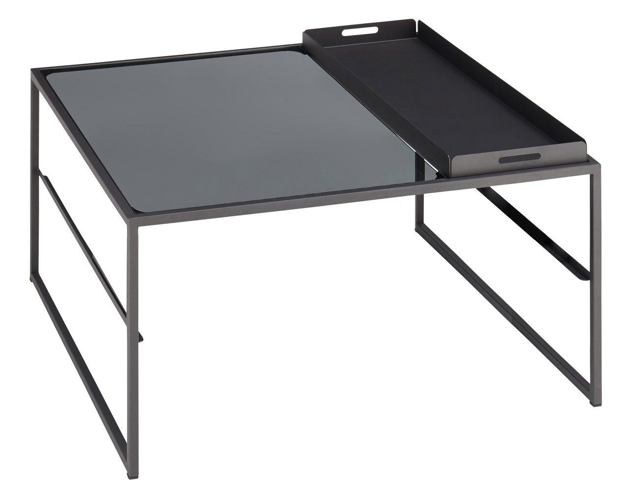 Moderner Couchtisch mit Glasplatte und abnehmbarem Tablett, seitliche Perspektive