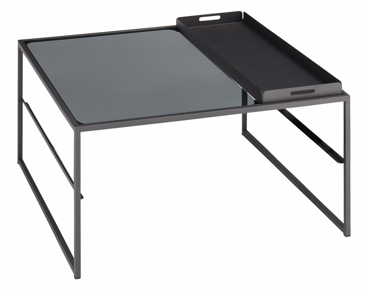 Moderner Couchtisch mit Glasplatte und abnehmbarem Tablett, seitliche Perspektive