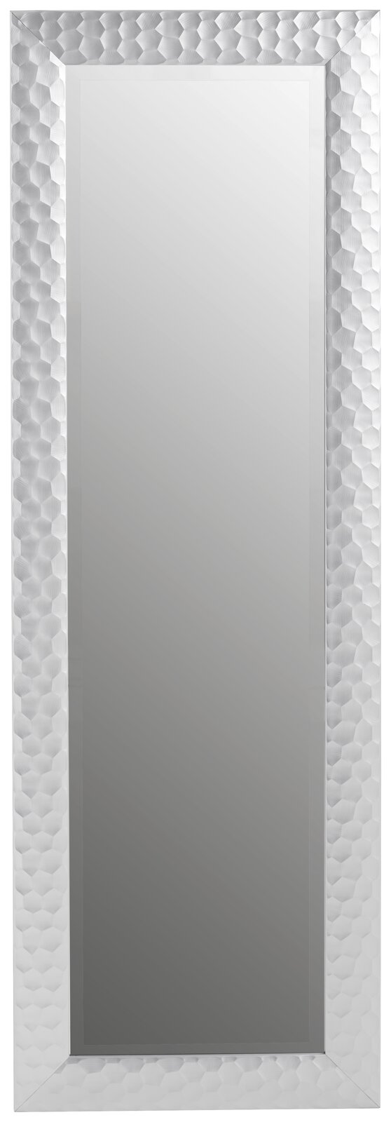 Rechteckiger Spiegel mit dekorativem, silbernem Rahmen in Wabenstruktur, frontal abgebildet.