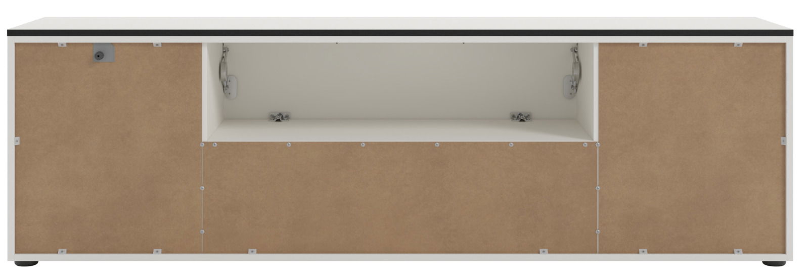 Rückansicht eines TV-Lowboards mit offenen Fächern und brauner Rückwand.