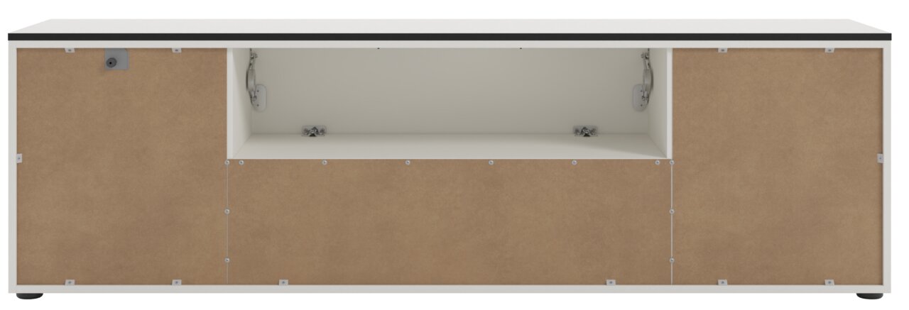Rückansicht eines TV-Lowboards mit offenen Fächern und brauner Rückwand.
