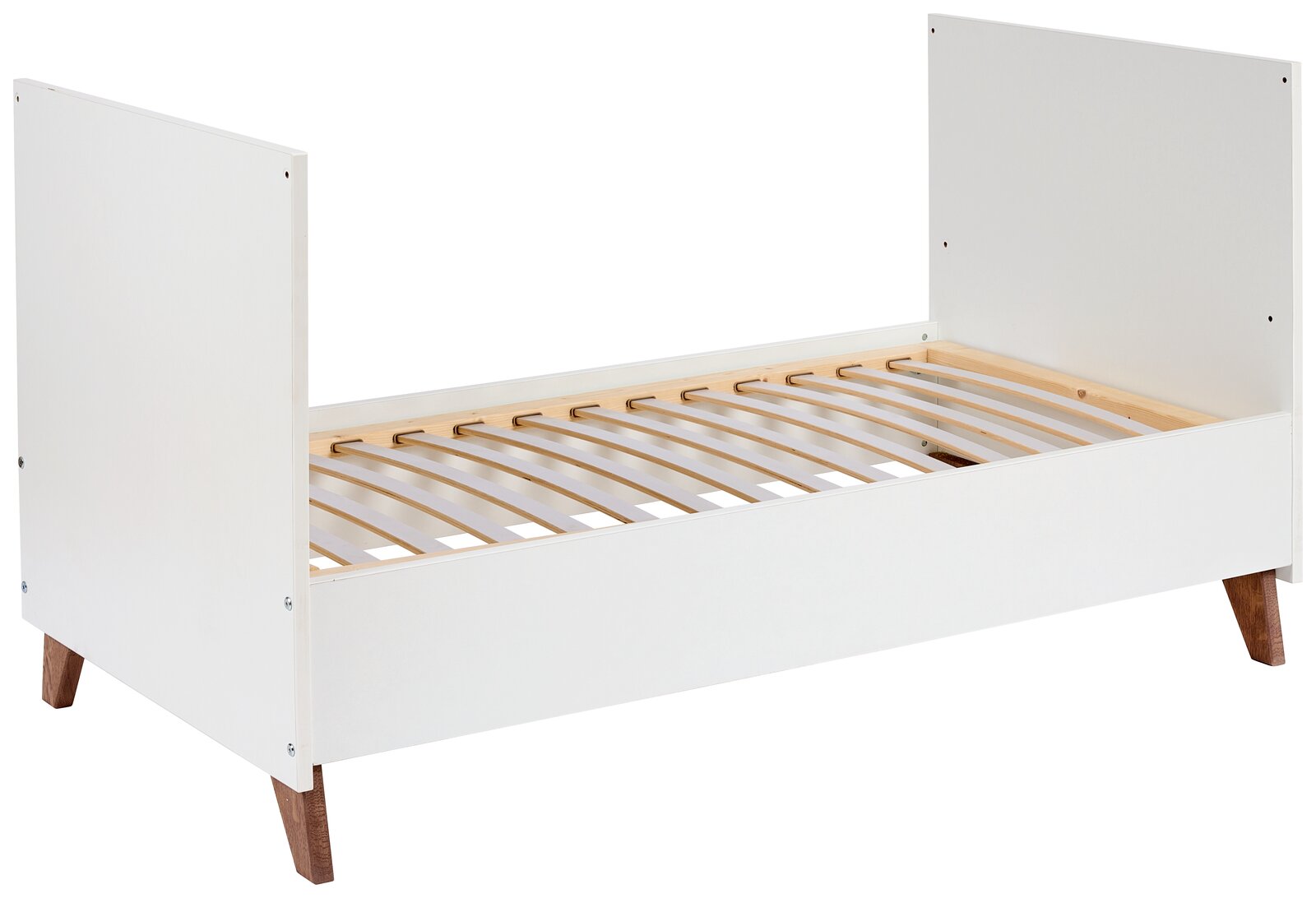 Weißes Kinderbettgestell mit Holzlattenrost, seitliche Perspektive