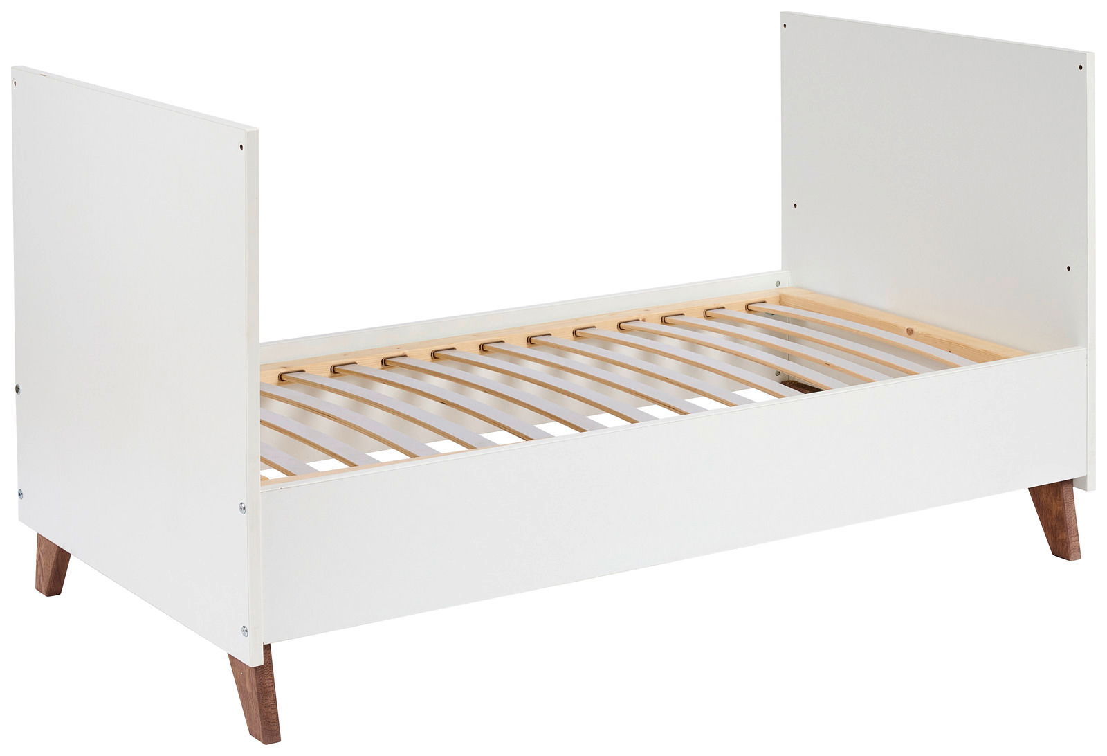 Weißes Kinderbettgestell mit Holzlattenrost, seitliche Perspektive