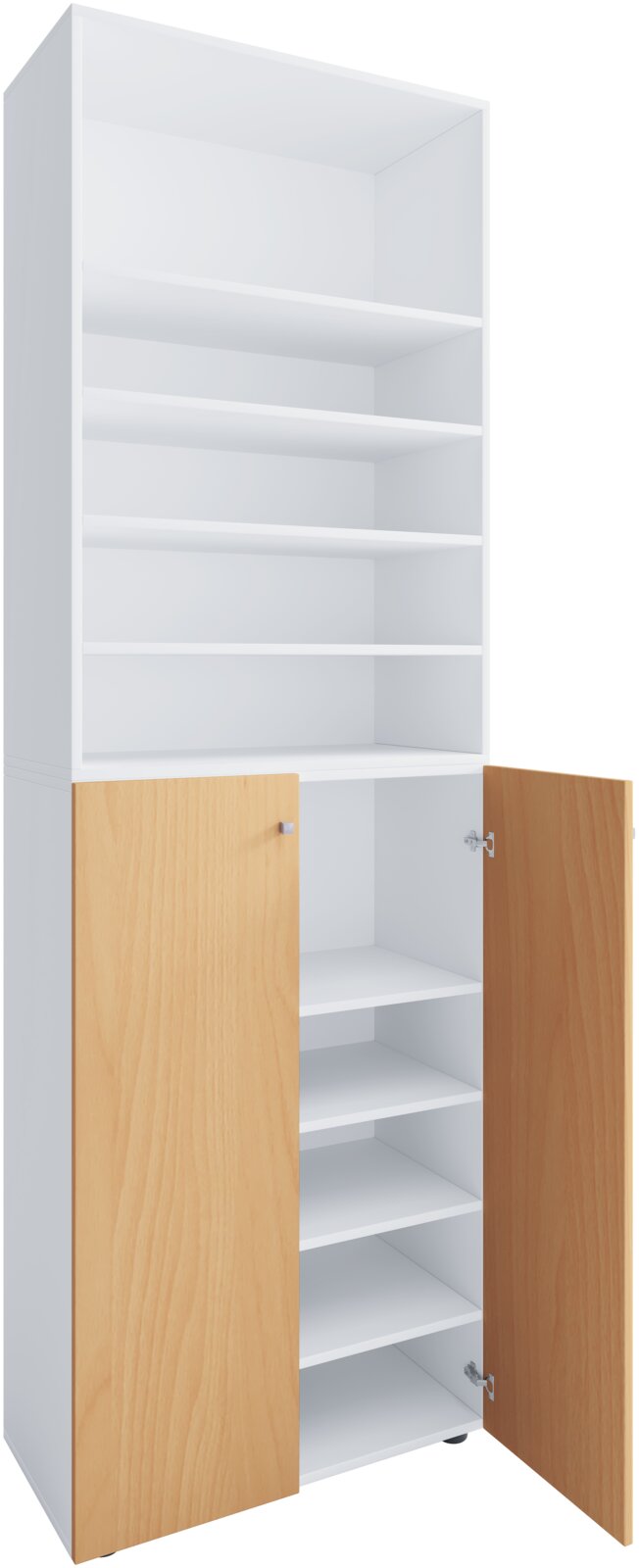 Hoher weißer Büroschrank mit offenen Regalböden oben und zwei geöffneten Holztüren unten, mehrere Einlegeböden sichtbar, Ansicht leicht von vorne links