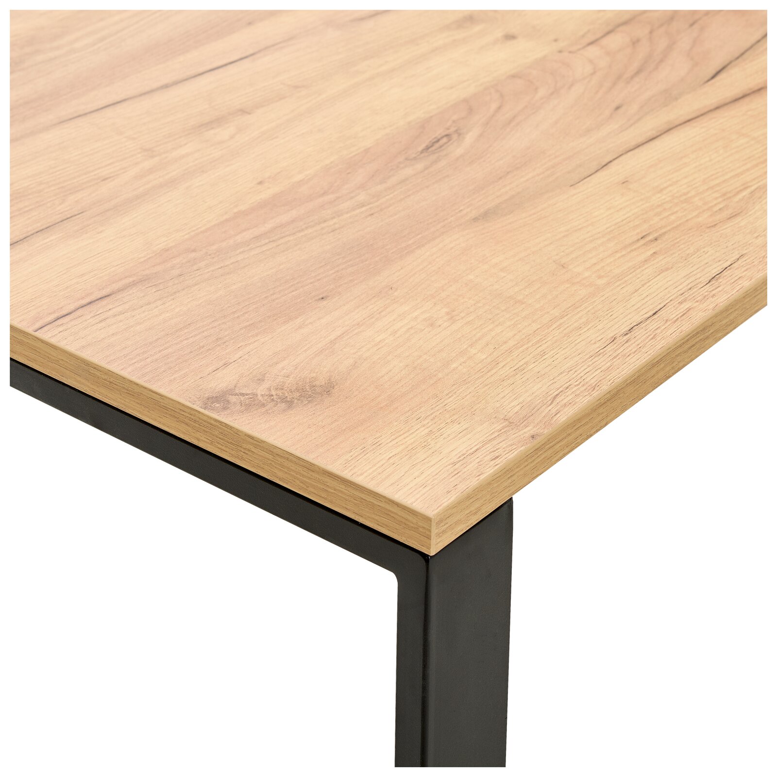 Nahaufnahme einer Schreibtischplatte aus hellem Holz mit schwarzem Metallrahmen, perspektivisch von oben rechts betrachtet.