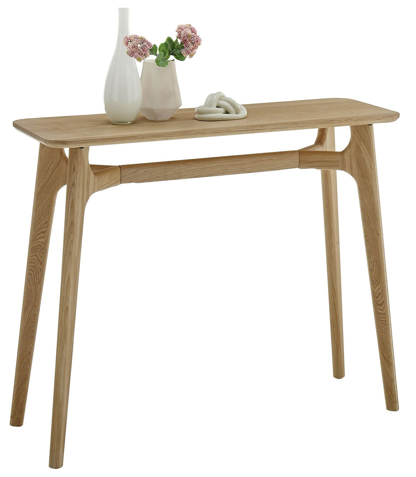 Holzkonsole mit schlankem Design, dekoriert mit Vasen und Blumen, seitliche Perspektive