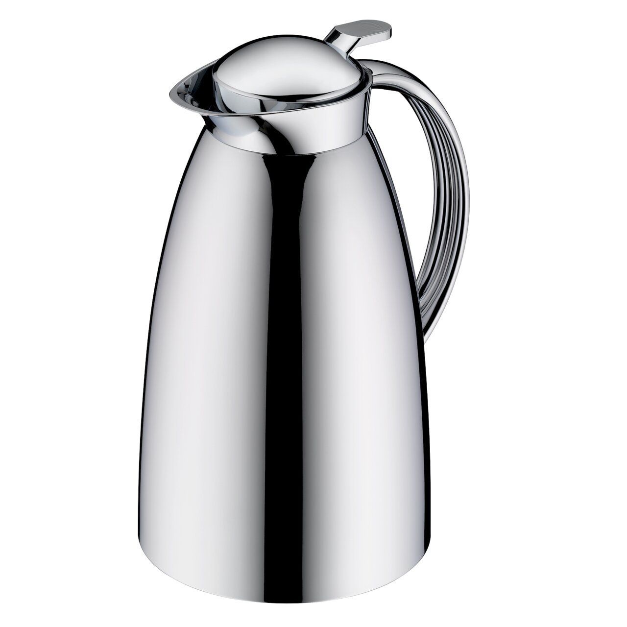 Silberne Isolierkanne mit glänzender Oberfläche, seitliche Perspektive
