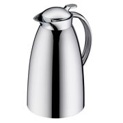 Silberne Isolierkanne mit glänzender Oberfläche, seitliche Perspektive