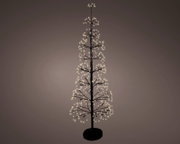 Vrijstaand verlichte decoratieboom met zwarte stam, fijne takken en warmwitte ledlampjes, volledig afgebeeld vanuit recht vooraanzicht