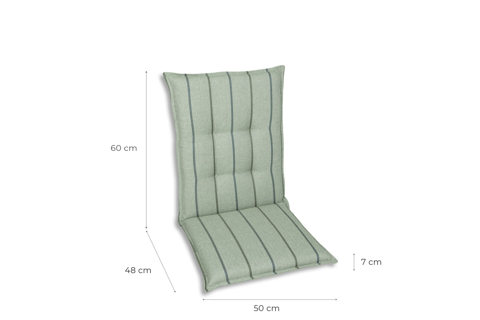 Grüne Sesselauflage mit vertikalen Streifen, seitliche Perspektive, Maße: 60 cm Höhe, 48 cm Tiefe, 50 cm Breite, 7 cm Dicke.