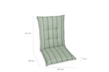Grüne Sesselauflage mit vertikalen Streifen, seitliche Perspektive, Maße: 60 cm Höhe, 48 cm Tiefe, 50 cm Breite, 7 cm Dicke.