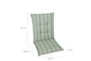 Grüne Sesselauflage mit vertikalen Streifen, seitliche Perspektive, Maße: 60 cm Höhe, 48 cm Tiefe, 50 cm Breite, 7 cm Dicke.