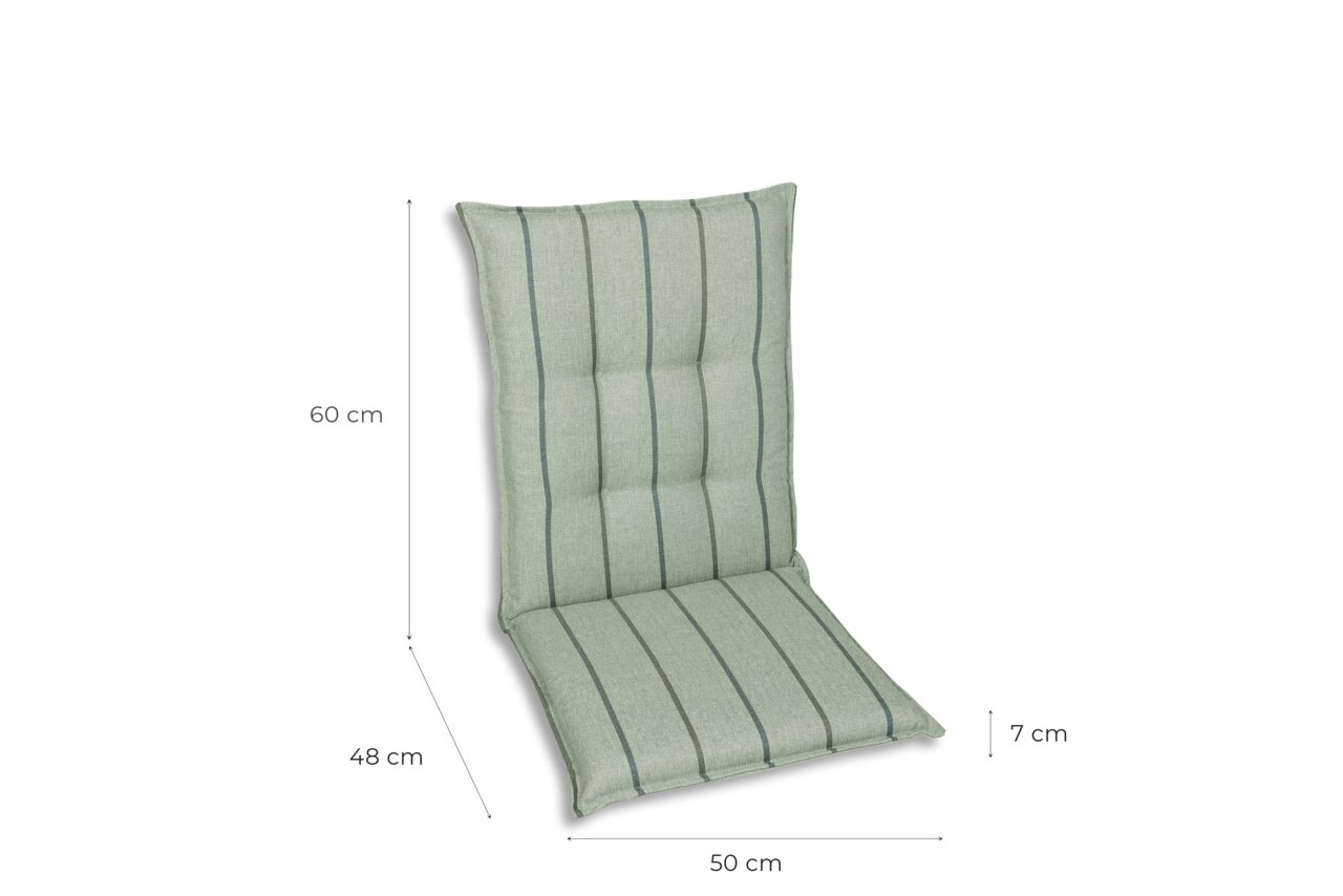Grüne Sesselauflage mit vertikalen Streifen, seitliche Perspektive, Maße: 60 cm Höhe, 48 cm Tiefe, 50 cm Breite, 7 cm Dicke.