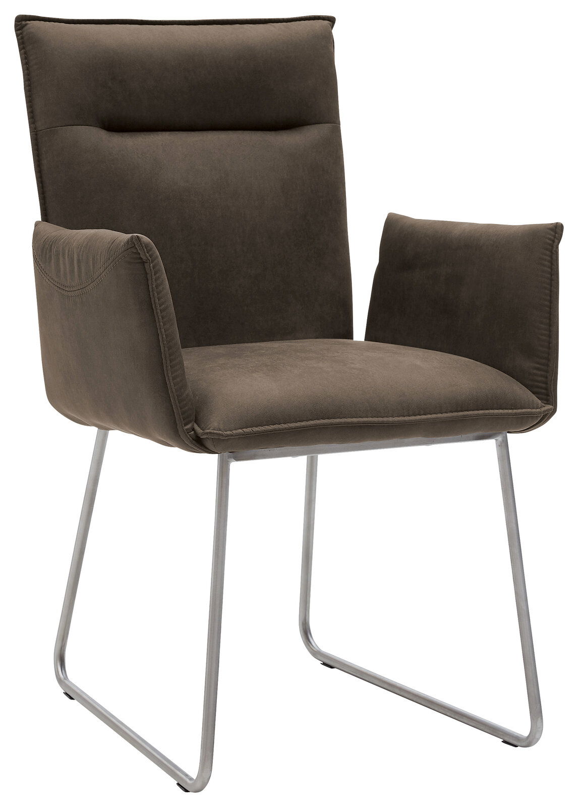 Moderner Sessel mit braunem Stoffbezug und Metallgestell, seitliche Perspektive