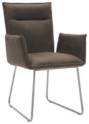 Moderner Sessel mit braunem Stoffbezug und Metallgestell, seitliche Perspektive