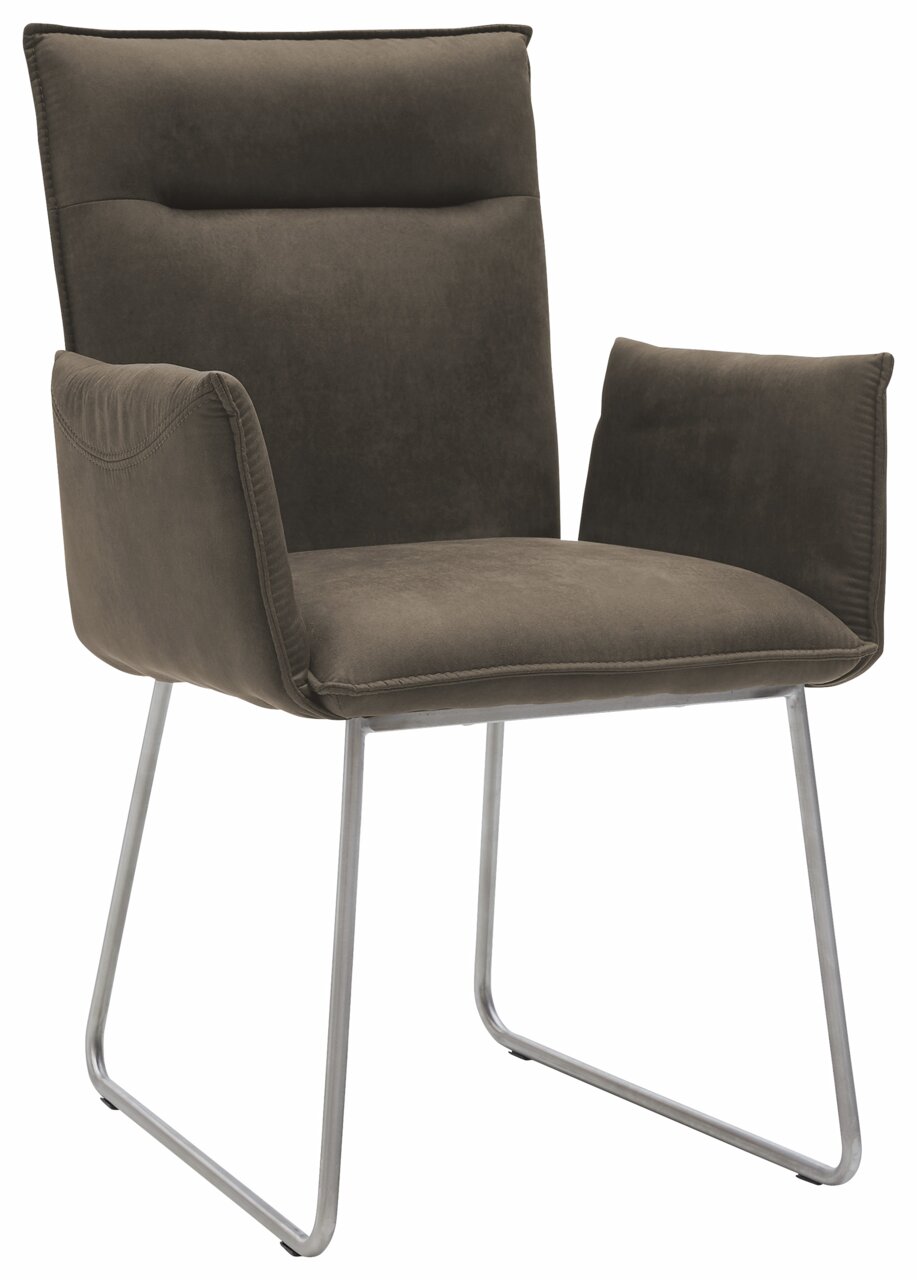 Moderner Sessel mit braunem Stoffbezug und Metallgestell, seitliche Perspektive