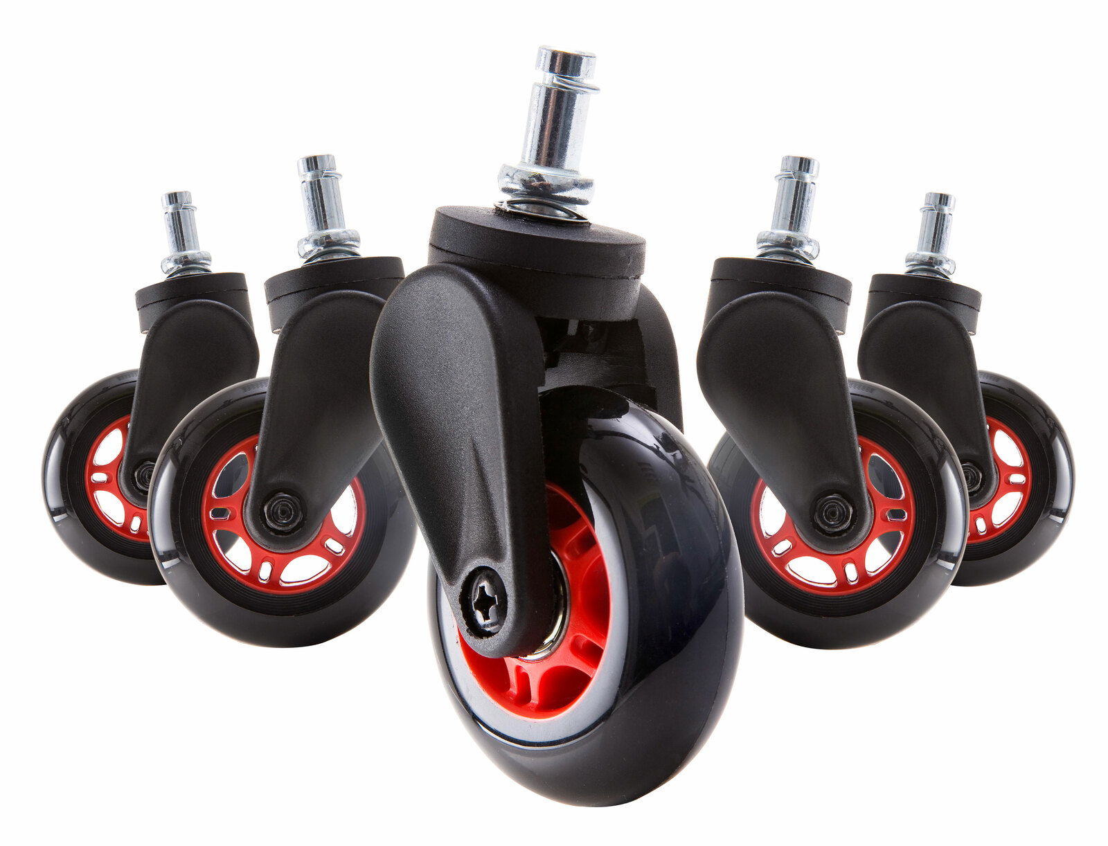 DX Racer Hartbodenrollen-Set Fünf Hartbodenrollen mit schwarzem Gehäuse und roten Akzenten, aus seitlicher Perspektive fotografiert.