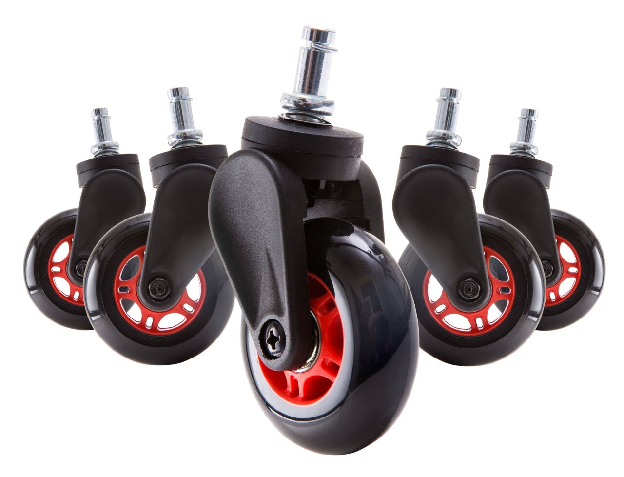 DX Racer Hartbodenrollen-Set Fünf Hartbodenrollen mit schwarzem Gehäuse und roten Akzenten, aus seitlicher Perspektive fotografiert.