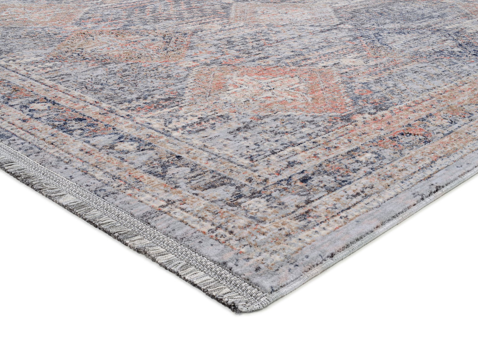 Frisé-Teppich in Nahaufnahme, zeigt die detaillierte Textur und das Muster in Grau- und Orangetönen aus einer seitlichen Perspektive.