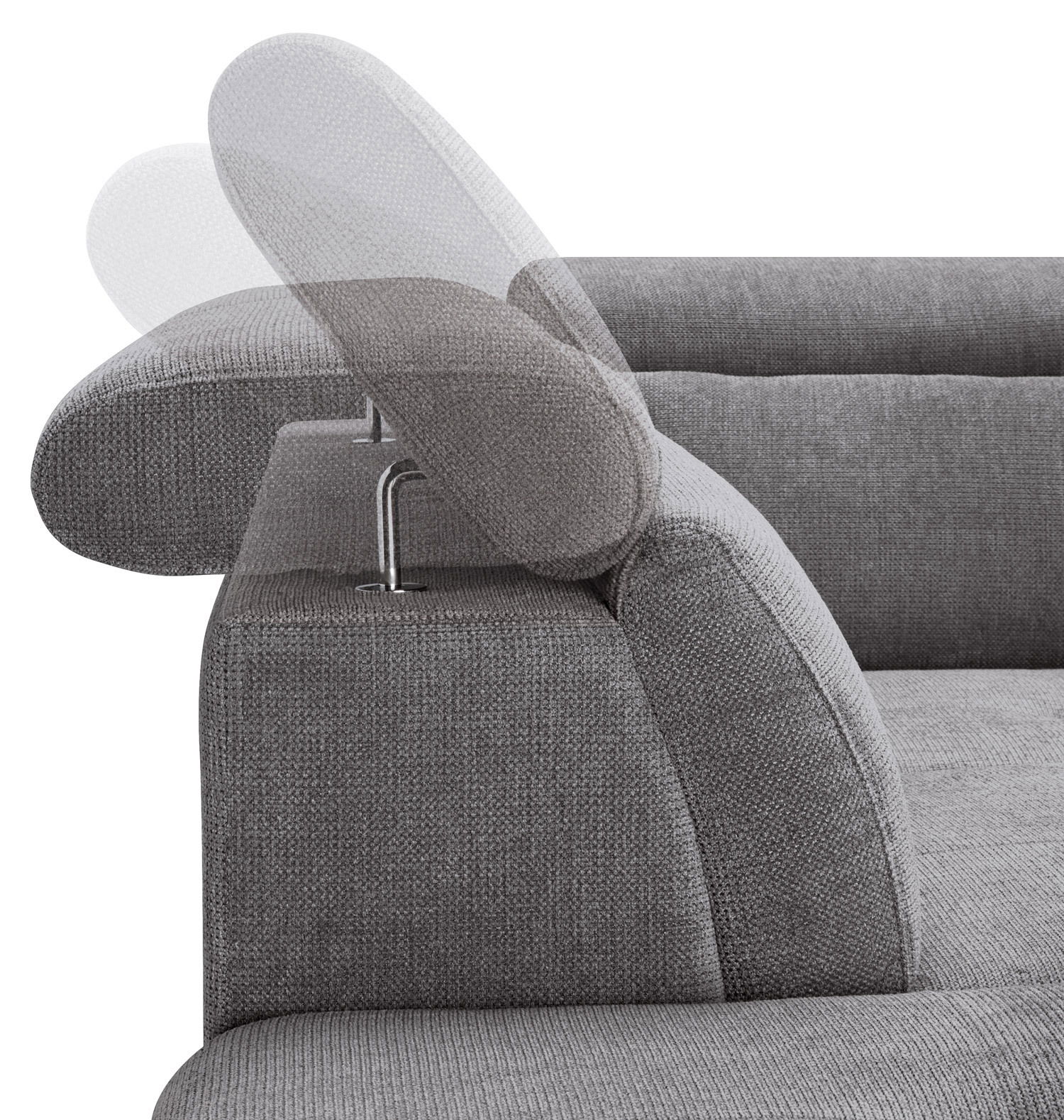 Graues Polsterecksofa MONSERAT mit verstellbarer Kopfstütze, seitliche Perspektive