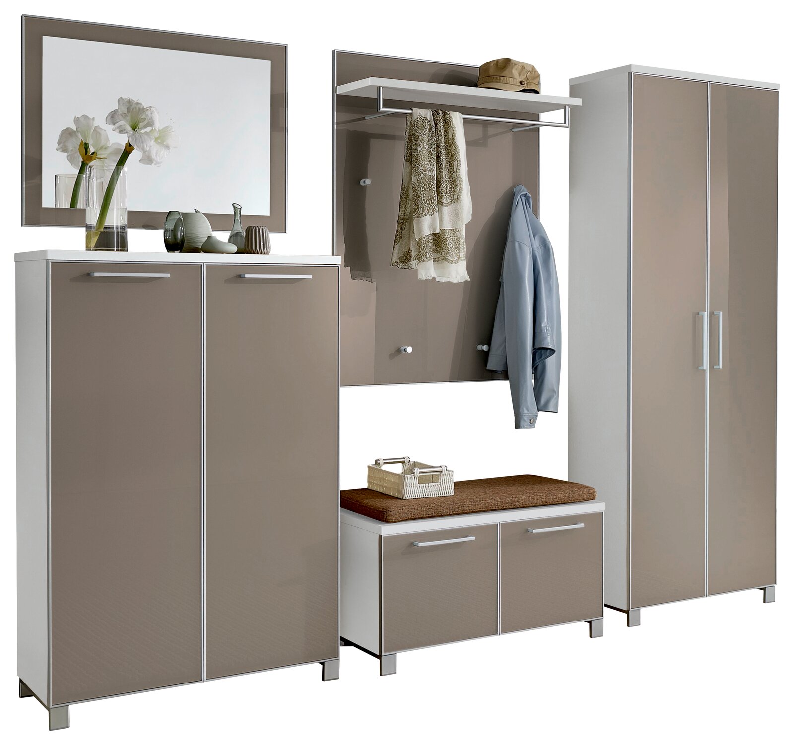 Garderoben-Set 6-tlg. in moderner Perspektive, bestehend aus Schränken, Spiegel, Sitzbank und Kleiderhaken, in stilvollem Beige und Weiß.