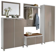 Garderoben-Set 6-tlg. in moderner Perspektive, bestehend aus Schränken, Spiegel, Sitzbank und Kleiderhaken, in stilvollem Beige und Weiß.