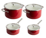 Rotes KitchenAid Topfset, 4-teilig, aus der Vogelperspektive fotografiert