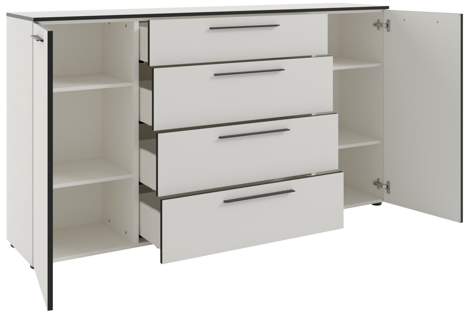 XL-Sideboard in Weiß mit vier offenen Schubladen und zwei offenen Türen, seitliche Perspektive