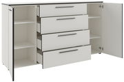 XL-Sideboard in Weiß mit vier offenen Schubladen und zwei offenen Türen, seitliche Perspektive