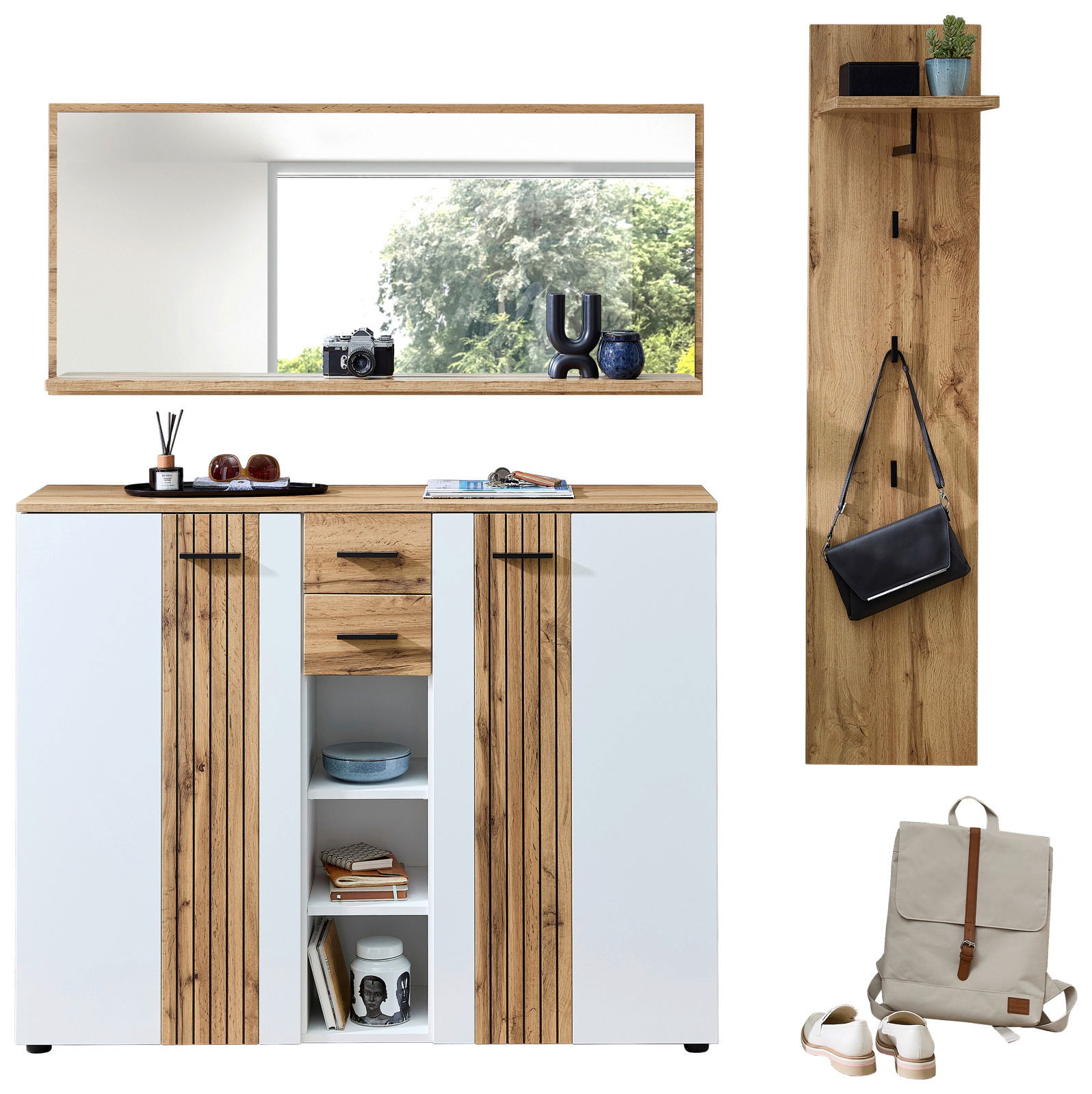 XORA Garderoben-Set 3-tlg. SPARKS Garderoben-Set 3-tlg. in moderner Holz-Optik mit Spiegel, Schrank und Wandpaneel, frontal abgebildet.