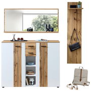 Garderoben-Set 3-tlg. in moderner Holz-Optik mit Spiegel, Schrank und Wandpaneel, frontal abgebildet.