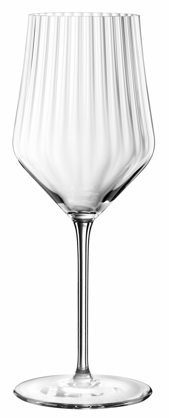 Weißweinglas mit elegantem, geripptem Design, seitliche Perspektive