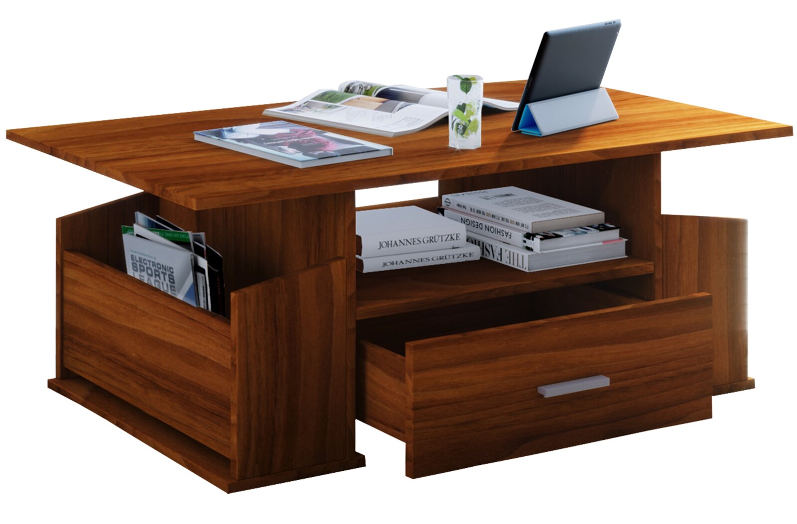 Moderner Couchtisch aus Holz in warmem Braun mit Ablagefächern und Schubladen, befüllt mit Büchern und Zeitschriften, gezeigt in schräger Frontansicht von oben