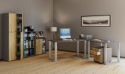 Modernes Büro mit L-förmigem Schreibtisch in Grau mit Metallgestell, Rollcontainer mit Holzfronten und großem Aktenschrank in Anthrazit/Eiche, seitliche Perspektive von vorn rechts