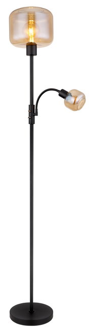 Moderne Stehleuchte mit zwei Lichtquellen, eine große Glaslampe oben und eine flexible Leselampe, seitliche Ansicht.