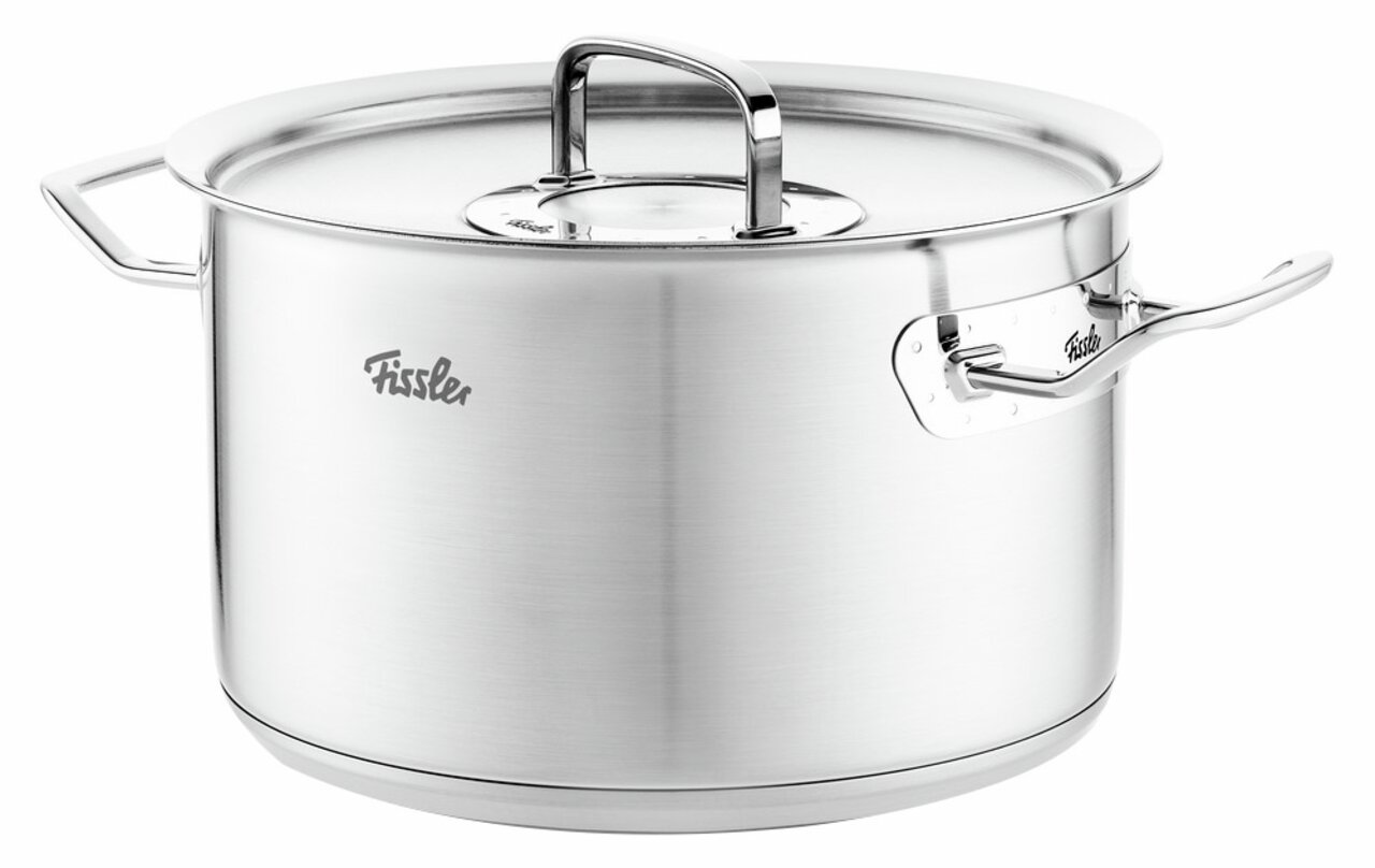 Silberner Kochtopf aus Edelstahl mit Metalldeckel, seitliche Perspektive