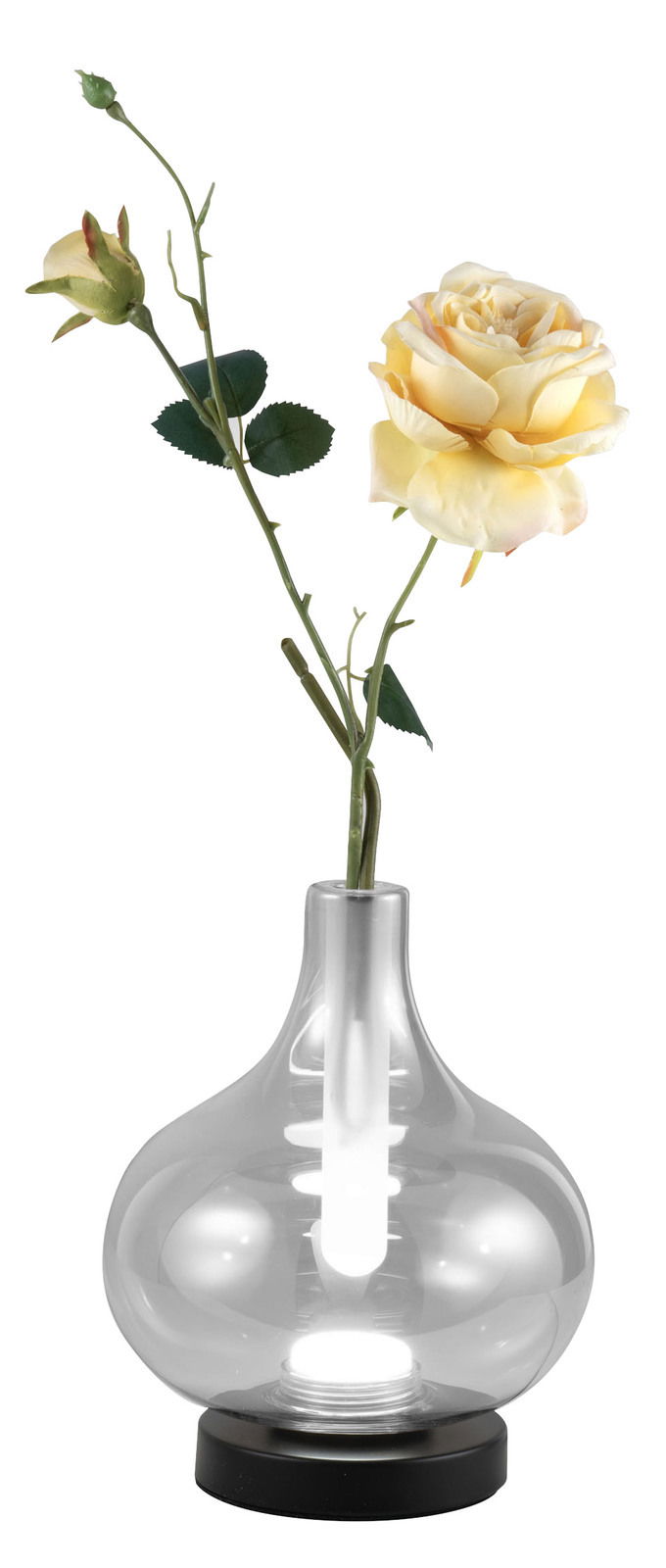 Fabas Luce LED-Glasvasenleuchte CRODO LED-Glasvasenleuchte mit gelber Rose, seitliche Perspektive